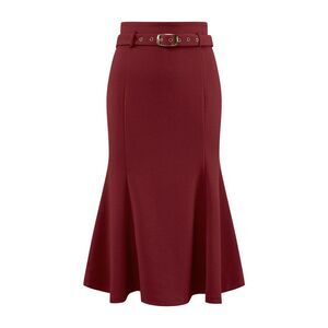 Elegant Fishtail High Waist Belted Work Midi Mermaid Skirt Red